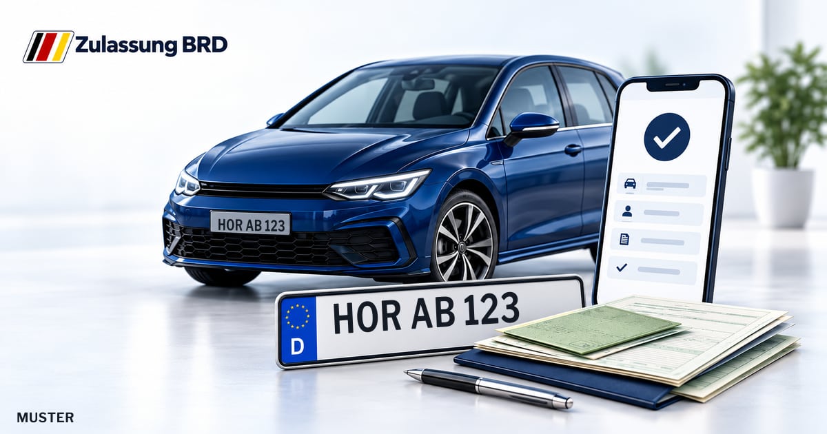 Online Fahrzeugzulassung in Horb am Neckar: Musterkennzeichen HOR AB 123, Auto und Fahrzeugpapiere und Smartphone. Illustration mit Logo von Zulassung BRD.